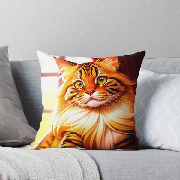 Aperçu de l'œuvre Un chat en peluche à poils longs aux yeux dorés assis dans une pièce créée et vendue par AlePosters.