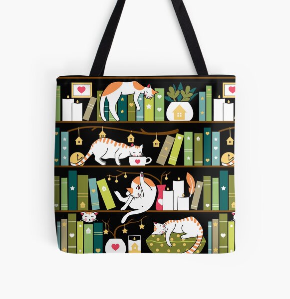 Library cats - whimsical cats on the book shelves  All Over Print Tote Bag