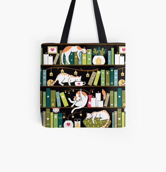 Library cats - whimsical cats on the book shelves All Over Print Tote Bag
