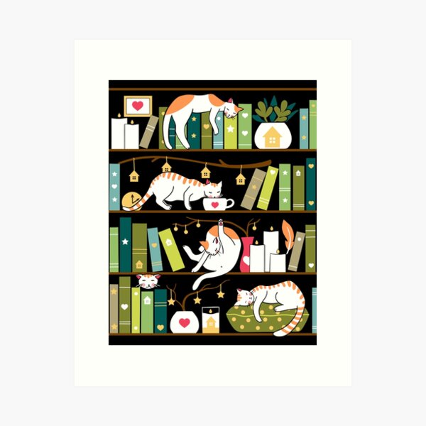Library cats - whimsical cats on the book shelves Art Print