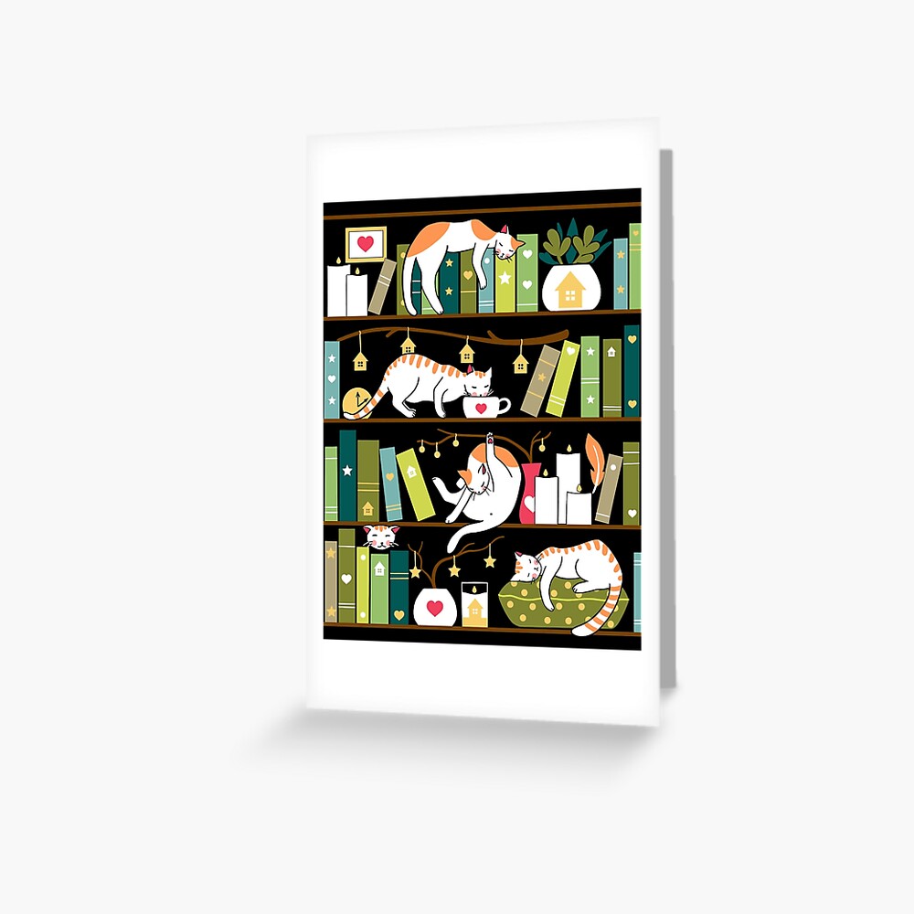 Library cats - whimsical cats on the book shelves Greeting Card