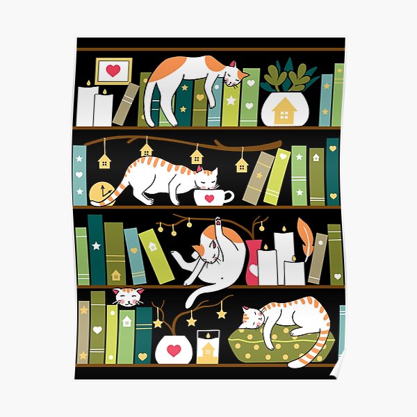 Library cats - whimsical cats on the book shelves Poster