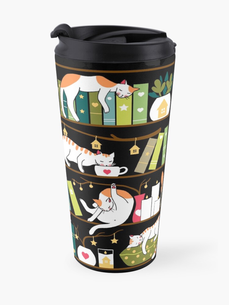 Alternate view of Library cats - whimsical cats on the book shelves Travel Mug