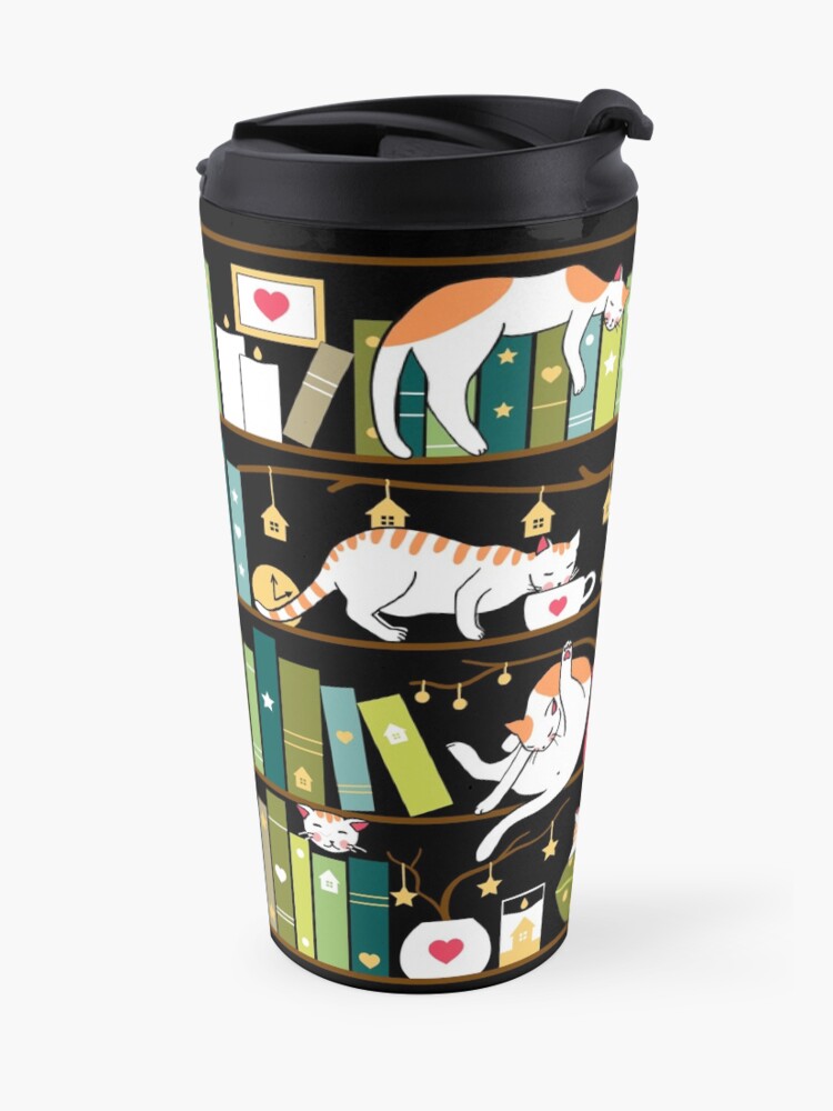Alternate view of Library cats - whimsical cats on the book shelves Travel Mug