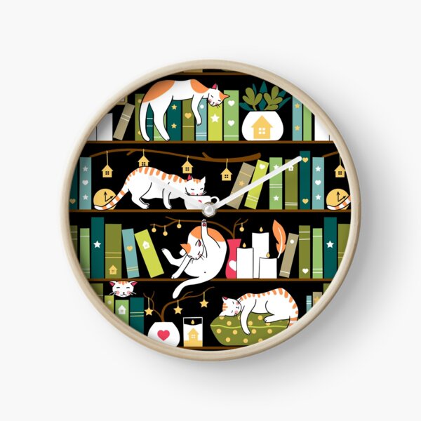 Library cats - whimsical cats on the book shelves Clock