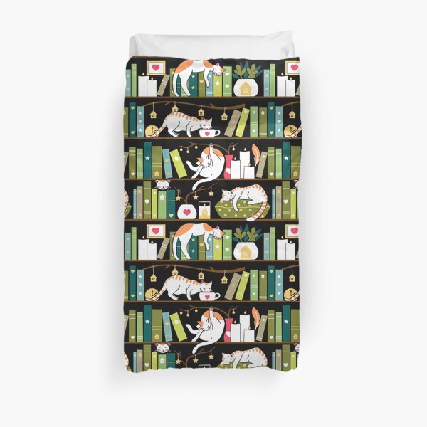 Library cats - whimsical cats on the book shelves Duvet Cover