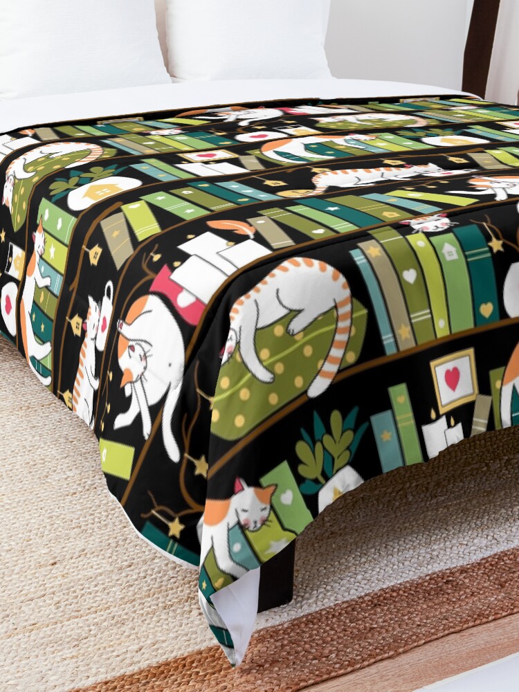 Alternate view of Library cats - whimsical cats on the book shelves Comforter