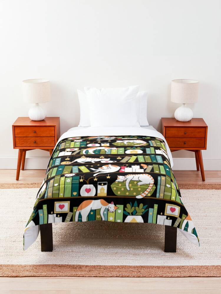 Alternate view of Library cats - whimsical cats on the book shelves Comforter
