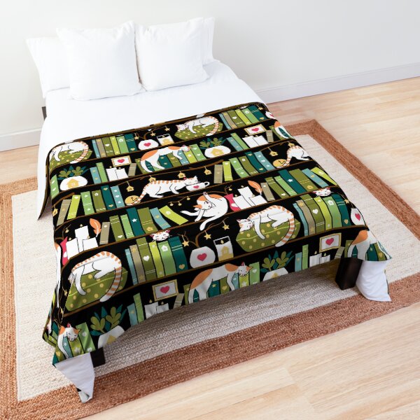Library cats - whimsical cats on the book shelves Comforter