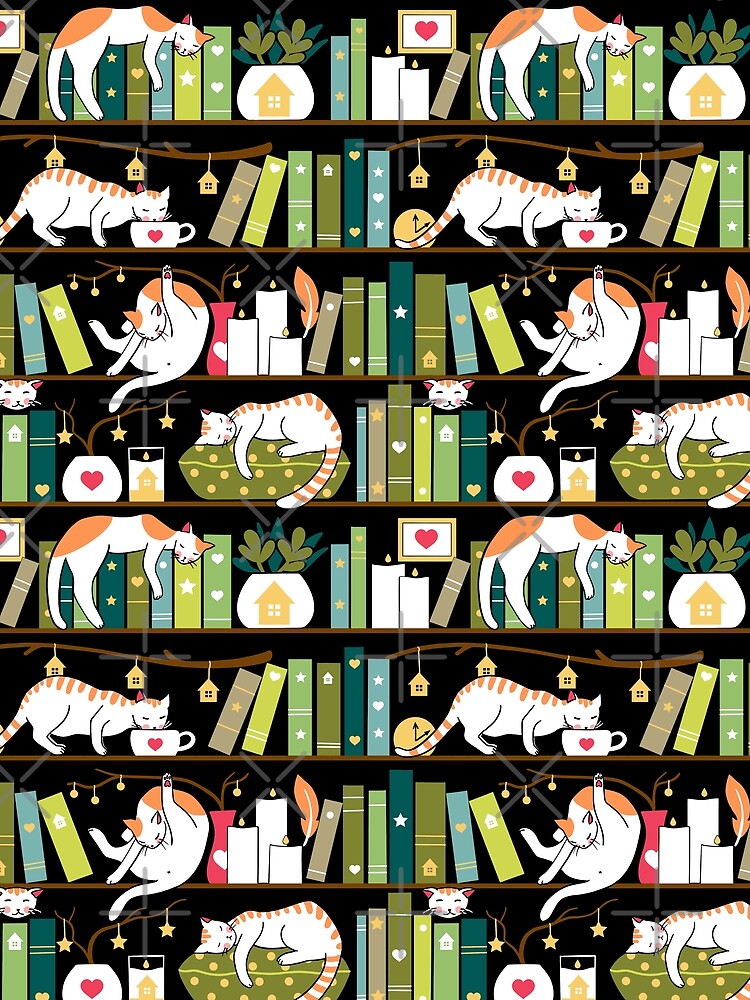 Library cats - whimsical cats on the book shelves by Elenanaylor