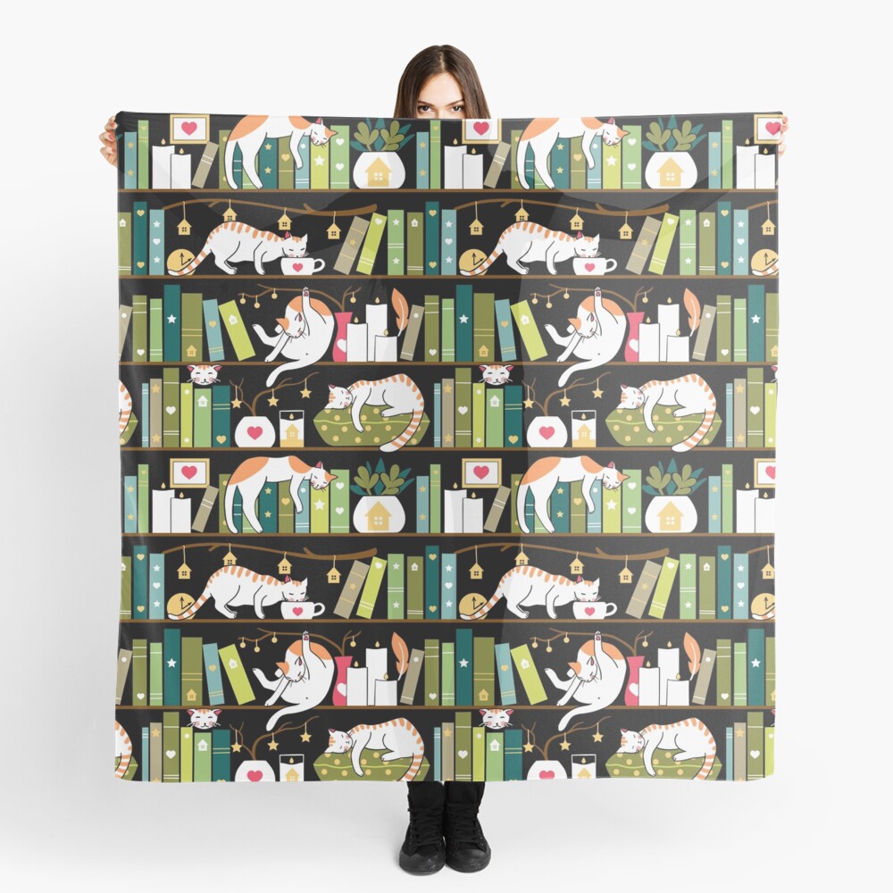 Library cats - whimsical cats on the book shelves Scarf