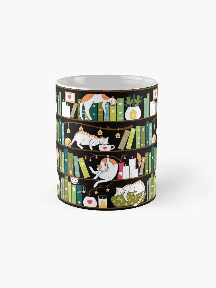 Alternate view of Library cats - whimsical cats on the book shelves Mug