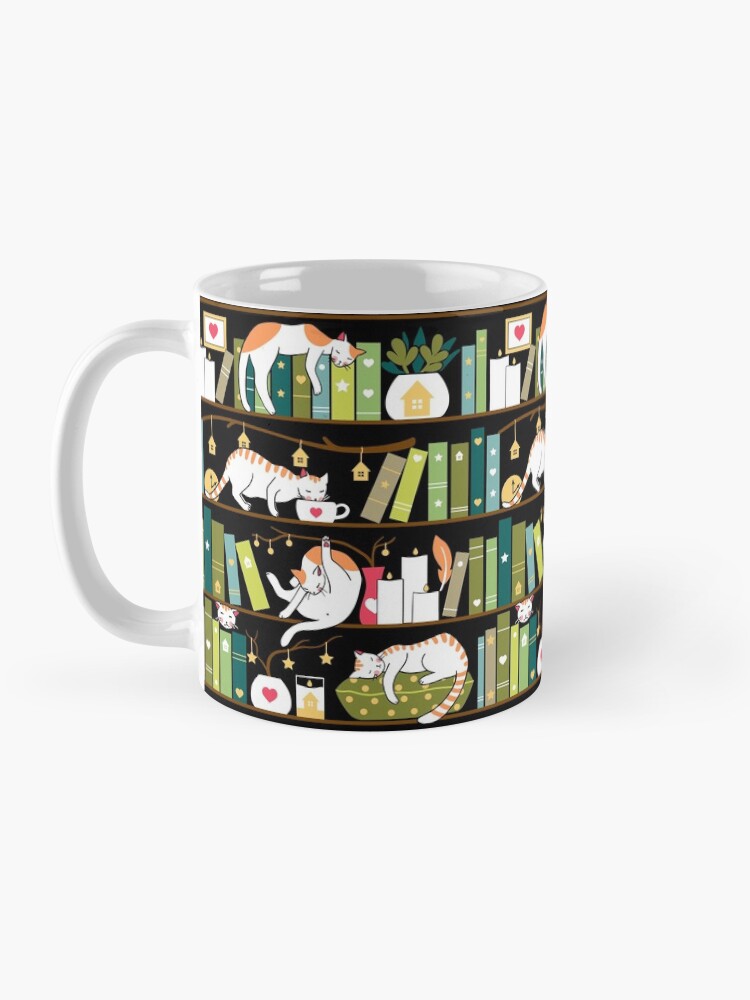 Alternate view of Library cats - whimsical cats on the book shelves Mug