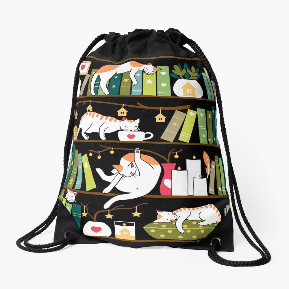 Library cats - whimsical cats on the book shelves Drawstring Bag
