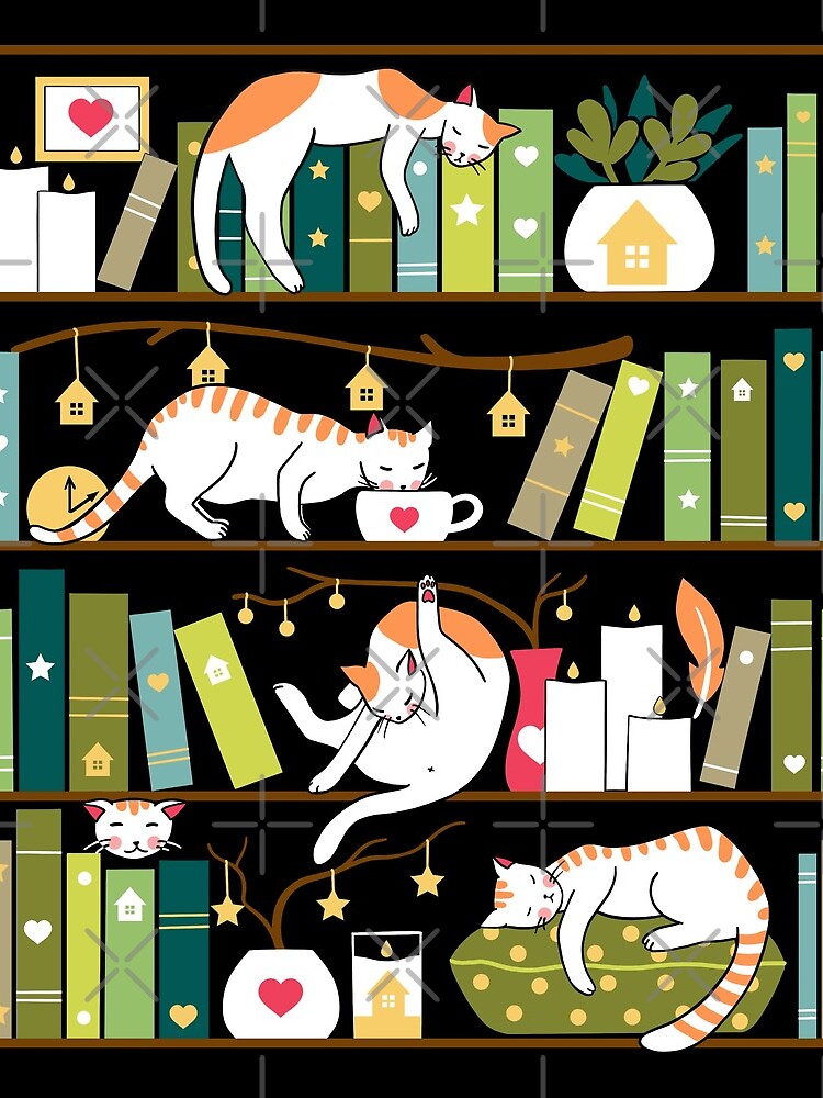 Library cats - whimsical cats on the book shelves  by Elenanaylor
