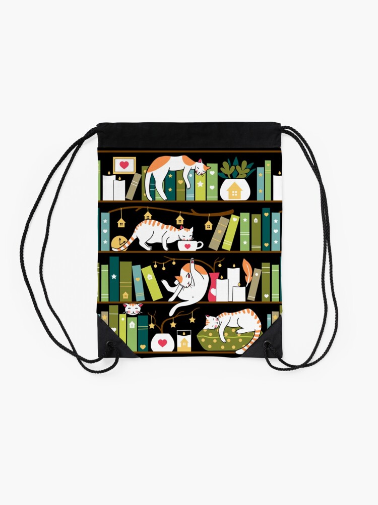 Alternate view of Library cats - whimsical cats on the book shelves Drawstring Bag