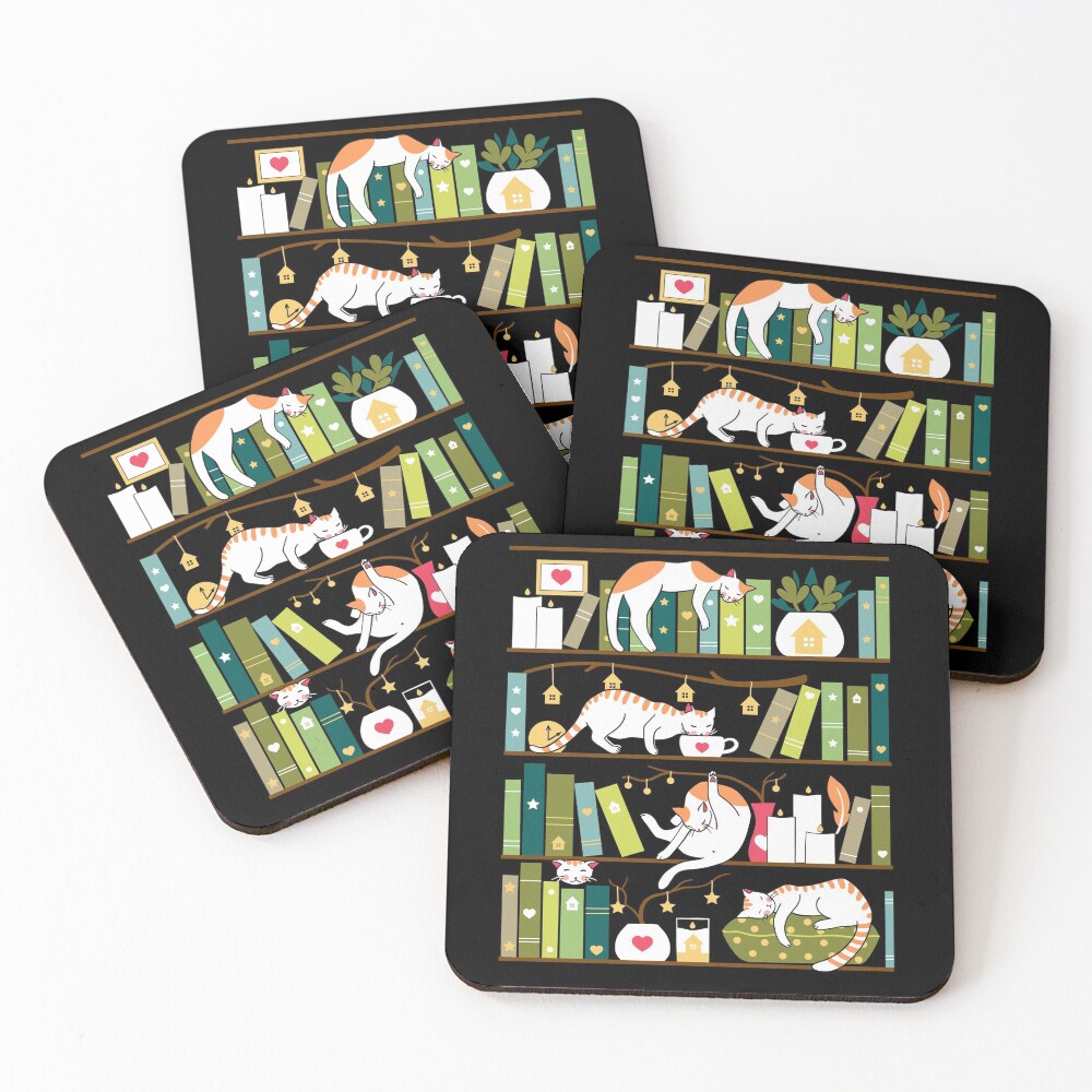 Library cats - whimsical cats on the book shelves Coasters (Set of 4)
