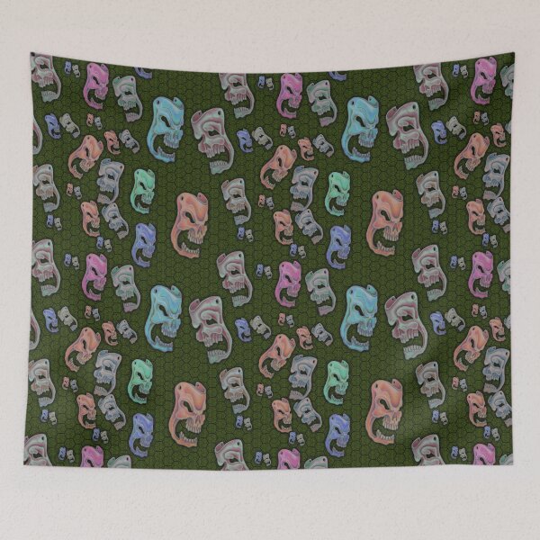 Aperçu de l'œuvre Colored Skulls Comedy & Tragedy on deep Green Honeycomb créée et vendue par AJLeibengeist.