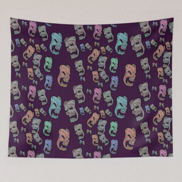 Aperçu de l'œuvre Colored Skulls Comedy & Tragedy on deep purple Green Honeycomb créée et vendue par AJLeibengeist.