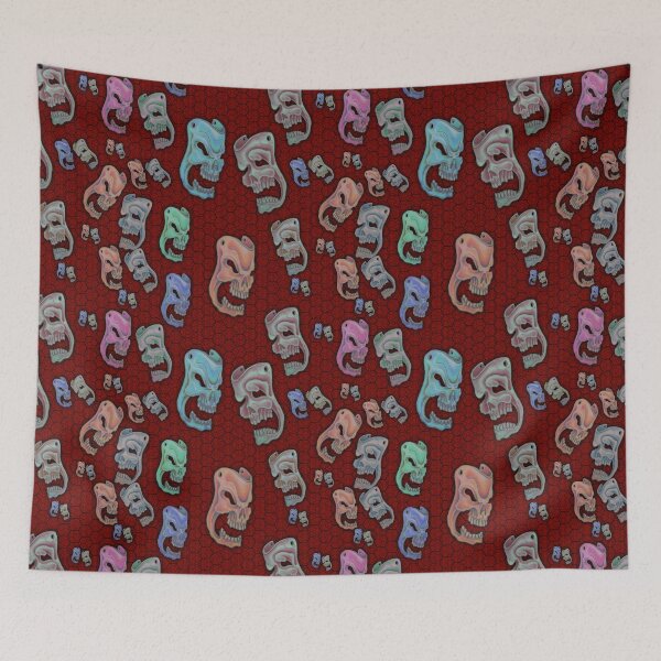 Aperçu de l'œuvre Colored Skulls Comedy & Tragedy on Deep red Honeycomb créée et vendue par AJLeibengeist.