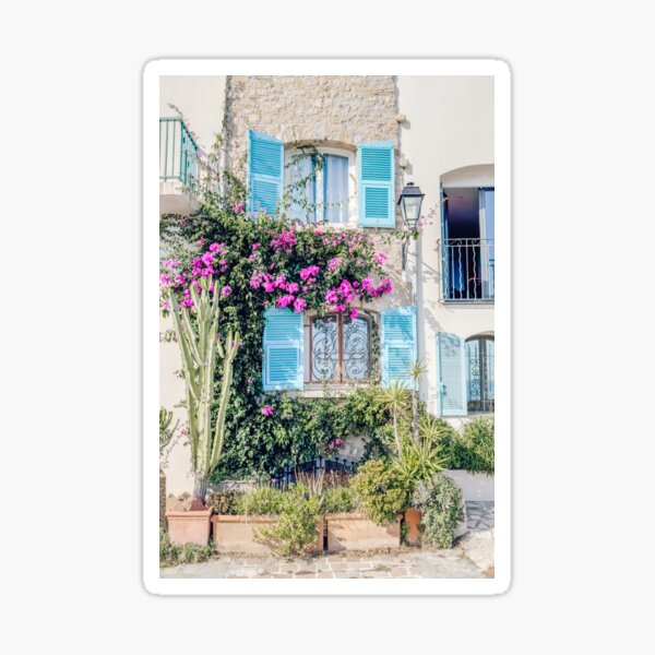 Item preview, French Riviera Poster, Antibes City France Cote D'azur Art Print, Spring Blue Turquoise French House Fine Art Print, Provence Pink Flowers France Printable Art designed and sold by radub85.