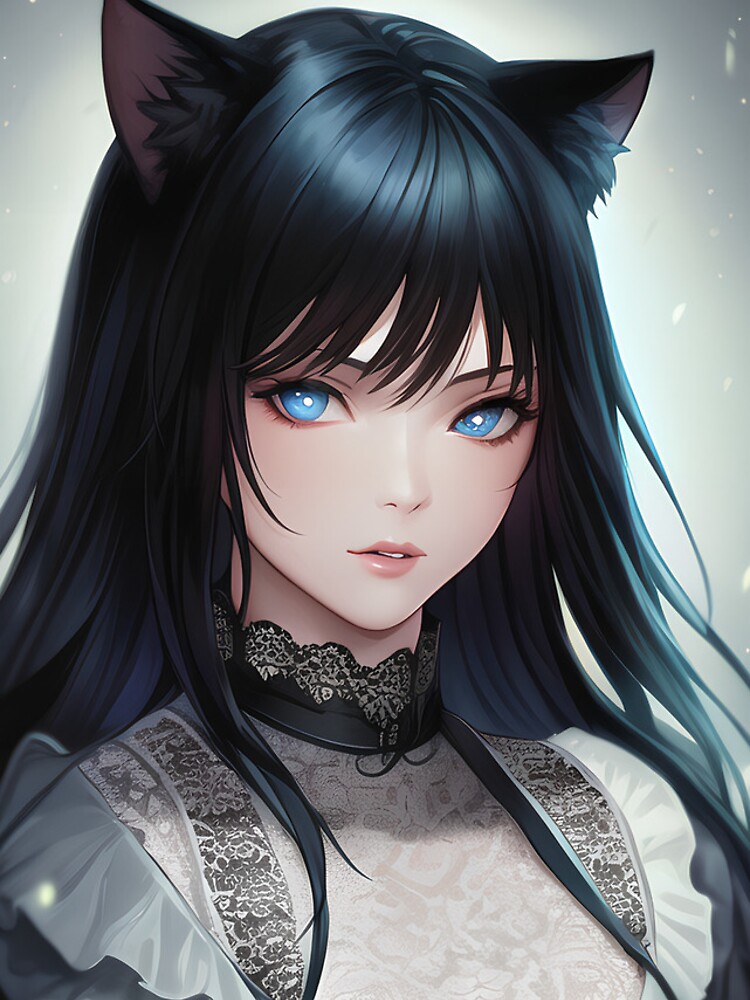 n: Wolf cute anime girl with black hair, dark blue eyes