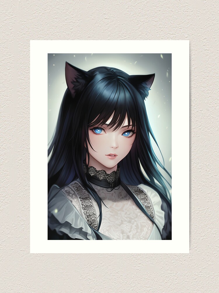 n: Wolf cute anime girl with black hair, dark blue eyes