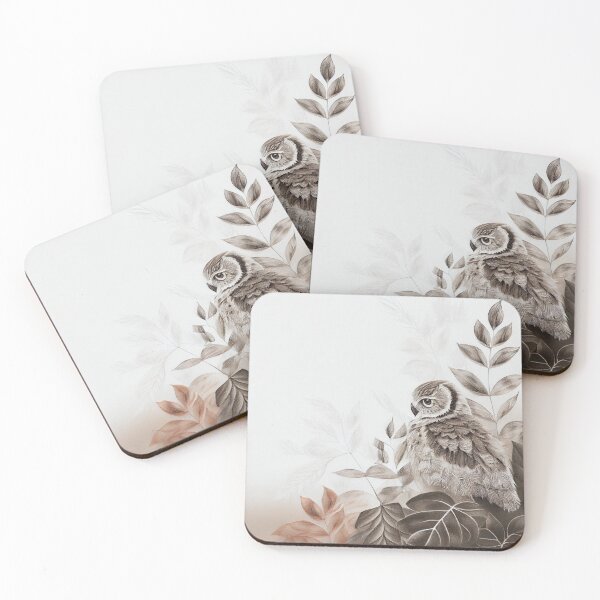 Item preview, Neutral colored pencil drawing of owl with leaves designed and sold by happypapertime.