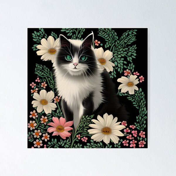 Black and White Cat surrounded by White Flowers Poster for Sale by  withdiamonds