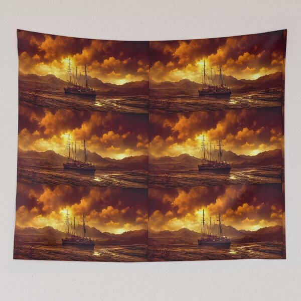 Item preview, Sailship pirates raided, battered in stormy harbor. designed and sold by TheBrainArt.
