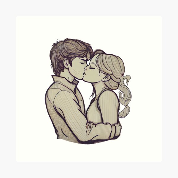 Romantic drawing of a kiss on the cheek. Cute couple sketch. Poster