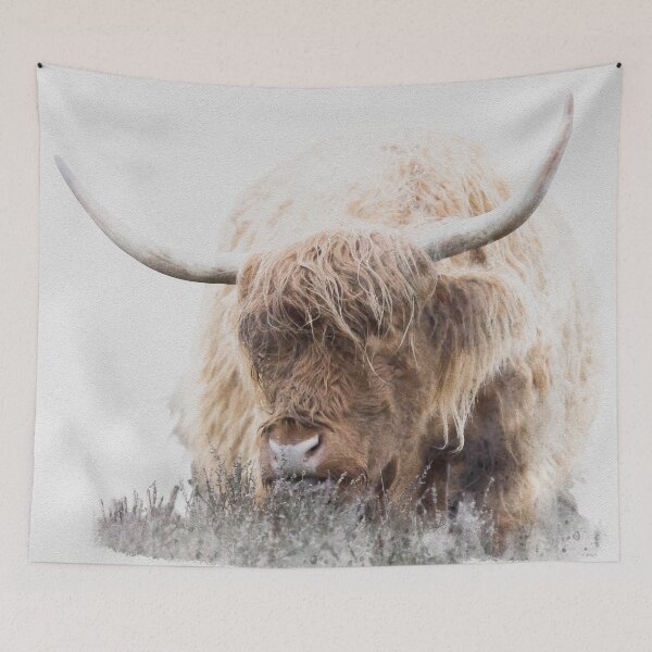Item preview, Highland Cow Eating Heather Watercolour Photograph designed and sold by Jane Stanley Photography.