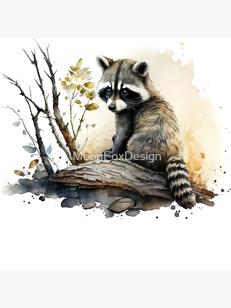 Raccoon Moon - Framed Original art, watercolor ink raccoon, cheapest black and white, whimsical cute, art for kids, ready to hang, resin, phresha art