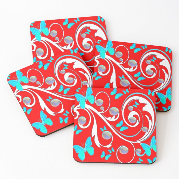 Item preview, SOAP BUBBLES BLUE BUTTERFLIES WHITE SCROLL RED ART designed and sold by sharlesart.