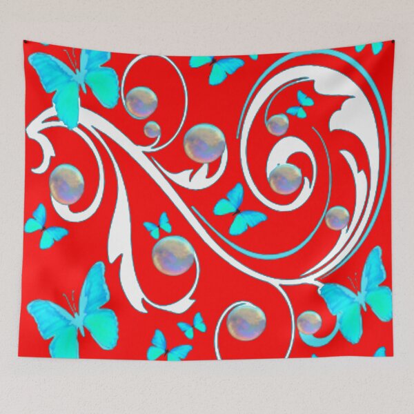 Item preview, SOAP BUBBLES BLUE BUTTERFLIES WHITE SCROLL RED ART designed and sold by sharlesart.
