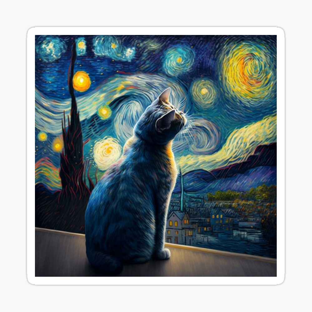 cat starry night poster