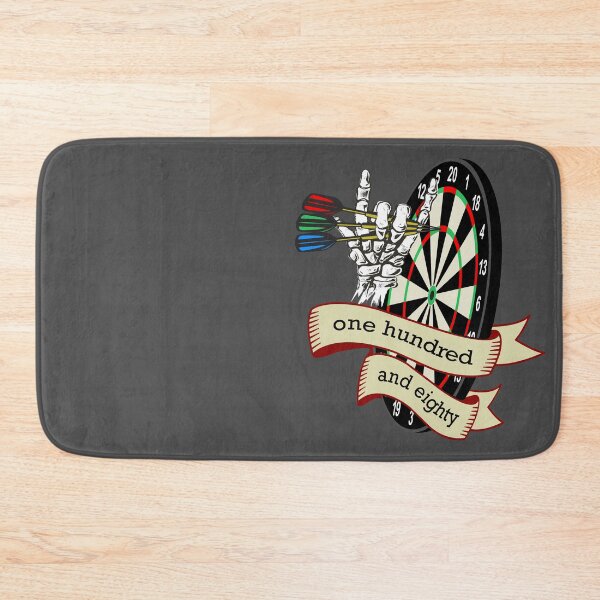 Item preview, Dart, dart board with banner saying one hundred and eighty, skeleton hand puts 3 darts in triple 20, for dart players dart fans designed and sold by ChrUzDesigner.