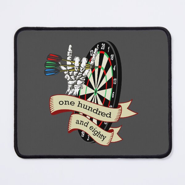 Item preview, Dart, dart board with banner saying one hundred and eighty, skeleton hand puts 3 darts in triple 20, for dart players dart fans designed and sold by ChrUzDesigner.