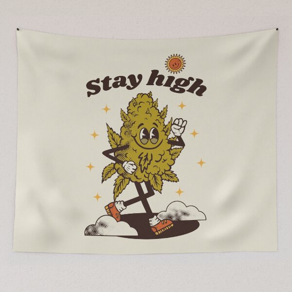 Item preview, marijuana bump character smiles and walks through the clouds, retro vector	 designed and sold by ShamanskaKate.