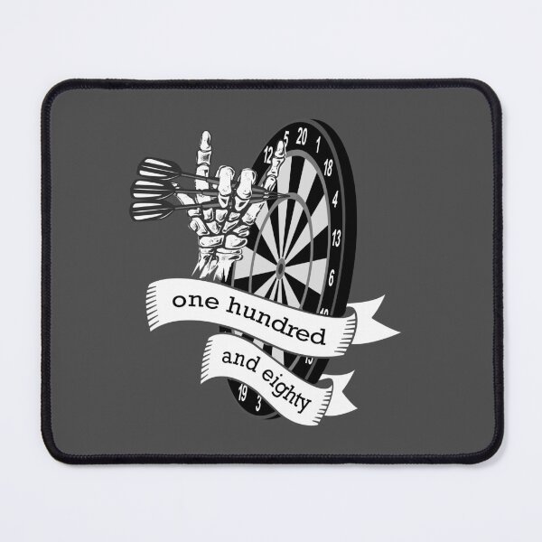 Item preview, Dart, dart board with banner saying one hundred and eighty, skeleton hand puts 3 darts in triple 20, for dart players dart fans designed and sold by ChrUzDesigner.