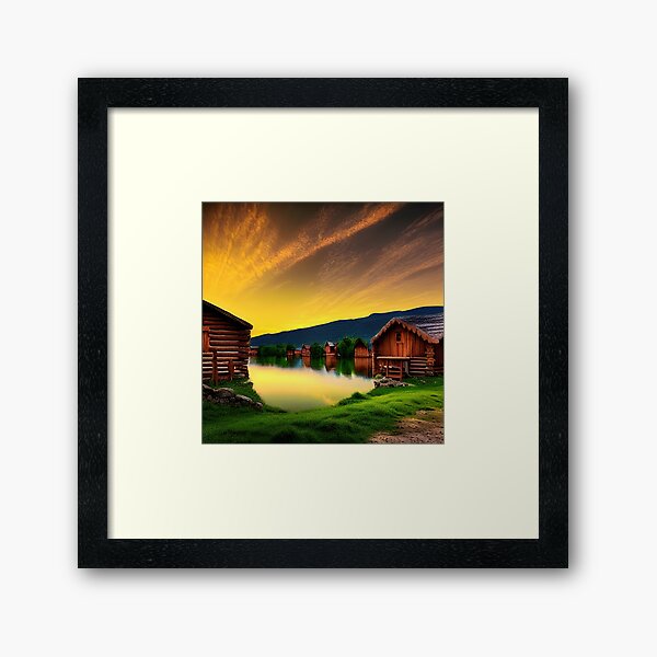 Golden Hour in the Village: Stunning Landscape with Wood Cabins and Lake View Framed Art Print