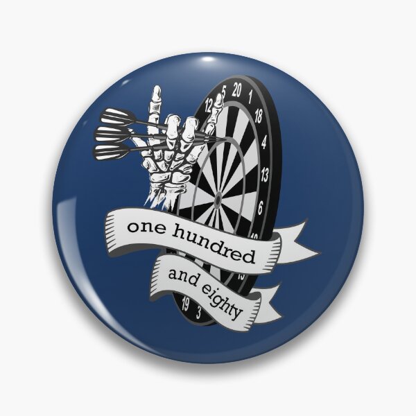 Item preview, Dart, dart board with banner saying one hundred and eighty, skeleton hand puts 3 darts in triple 20, for dart players dart fans designed and sold by ChrUzDesigner.