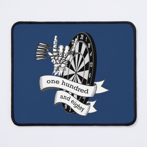 Item preview, Dart, dart board with banner saying one hundred and eighty, skeleton hand puts 3 darts in triple 20, for dart players dart fans designed and sold by ChrUzDesigner.