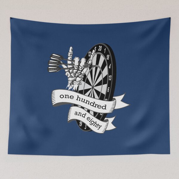 Item preview, Dart, dart board with banner saying one hundred and eighty, skeleton hand puts 3 darts in triple 20, for dart players dart fans designed and sold by ChrUzDesigner.