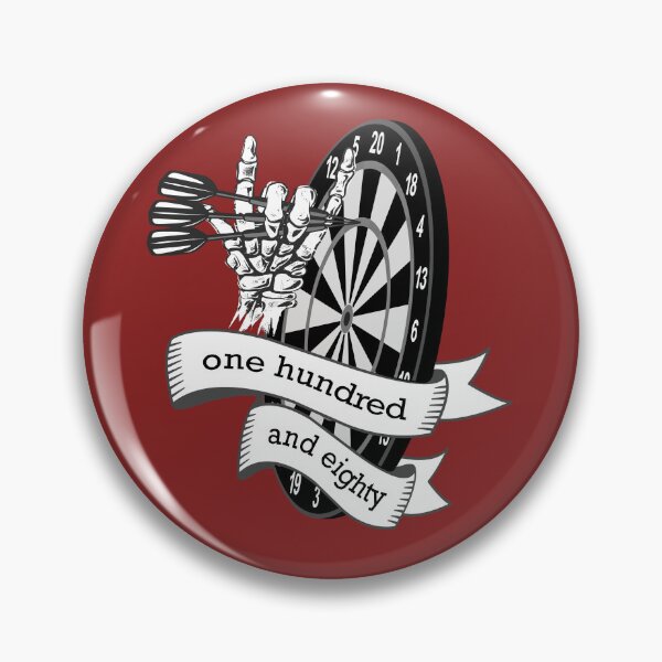 Item preview, Dart, dart board with banner saying one hundred and eighty, skeleton hand puts 3 darts in triple 20, for dart players dart fans designed and sold by ChrUzDesigner.