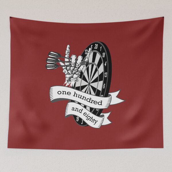 Item preview, Dart, dart board with banner saying one hundred and eighty, skeleton hand puts 3 darts in triple 20, for dart players dart fans designed and sold by ChrUzDesigner.