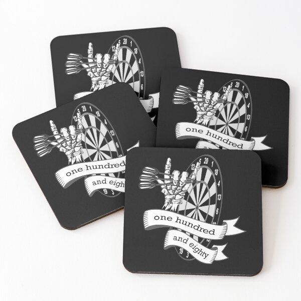 Item preview, Dart, dart board with banner saying one hundred and eighty, skeleton hand puts 3 darts in triple 20, for dart players dart fans designed and sold by ChrUzDesigner.