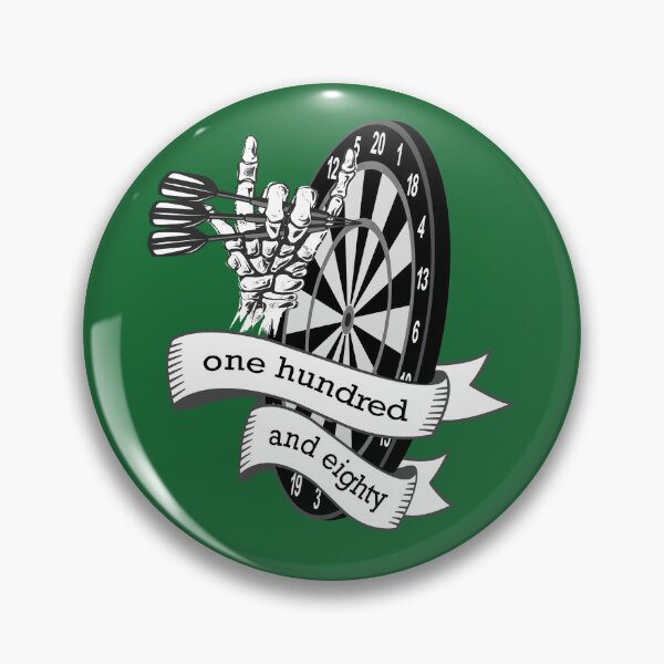 Item preview, Dart, dart board with banner saying one hundred and eighty, skeleton hand puts 3 darts in triple 20, for dart players dart fans designed and sold by ChrUzDesigner.