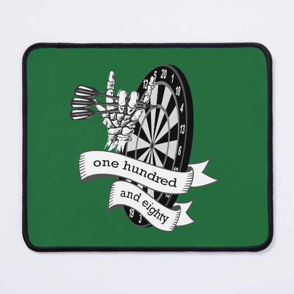Item preview, Dart, dart board with banner saying one hundred and eighty, skeleton hand puts 3 darts in triple 20, for dart players dart fans designed and sold by ChrUzDesigner.