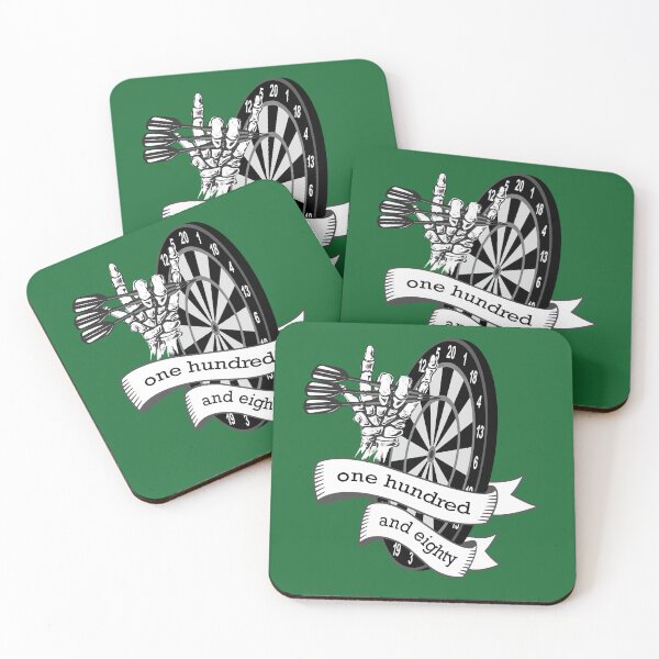 Item preview, Dart, dart board with banner saying one hundred and eighty, skeleton hand puts 3 darts in triple 20, for dart players dart fans designed and sold by ChrUzDesigner.